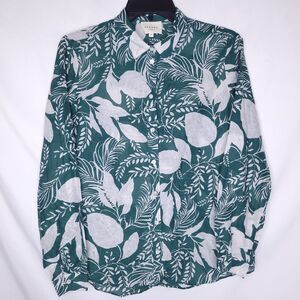Sezane Pierro Shirt 36 Green Foilage Printed Cotton Silk Blend